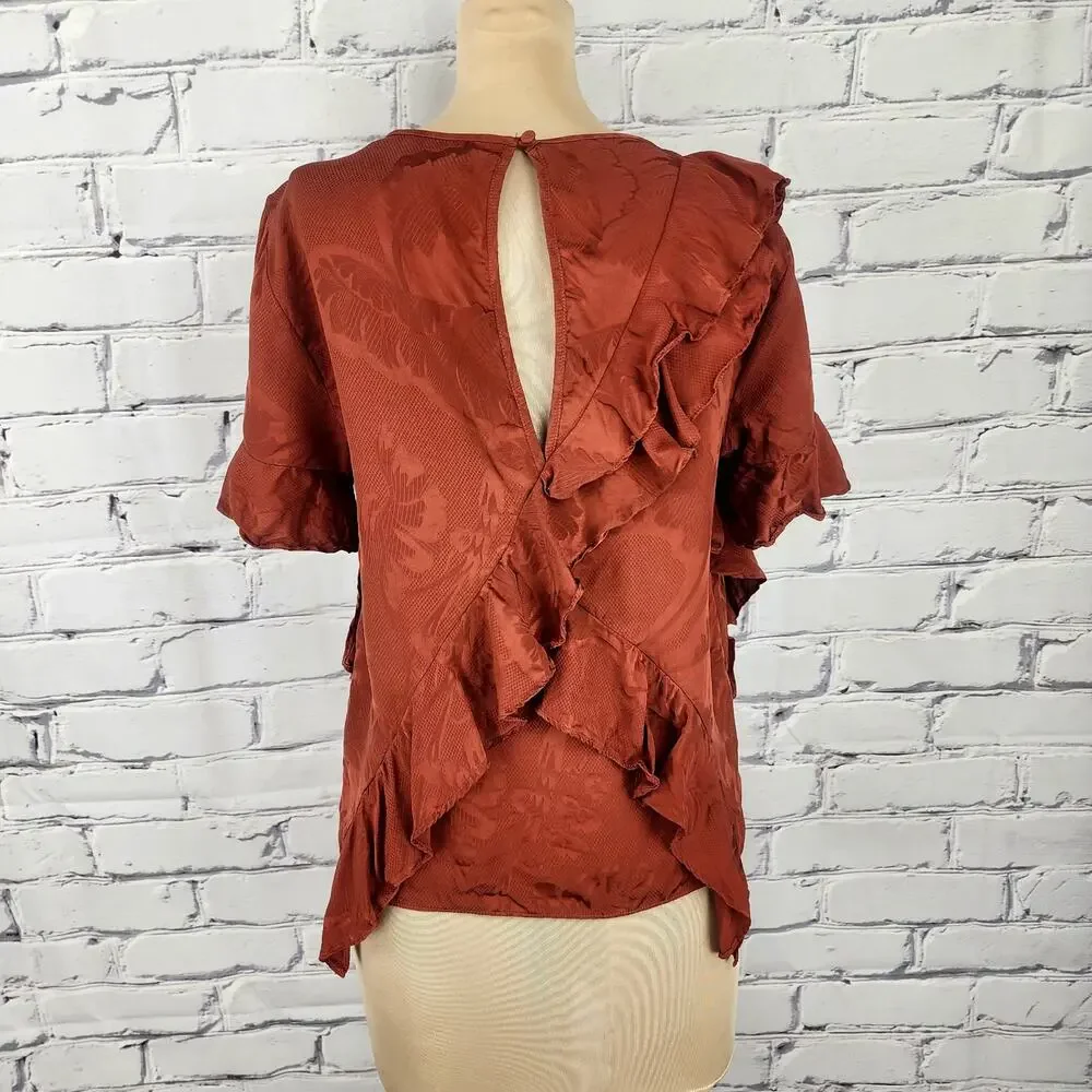 Cinq a Sept 100% Silk Ruffled Embossed Print Top with Button Closure Size Small - Picture 4 of 11